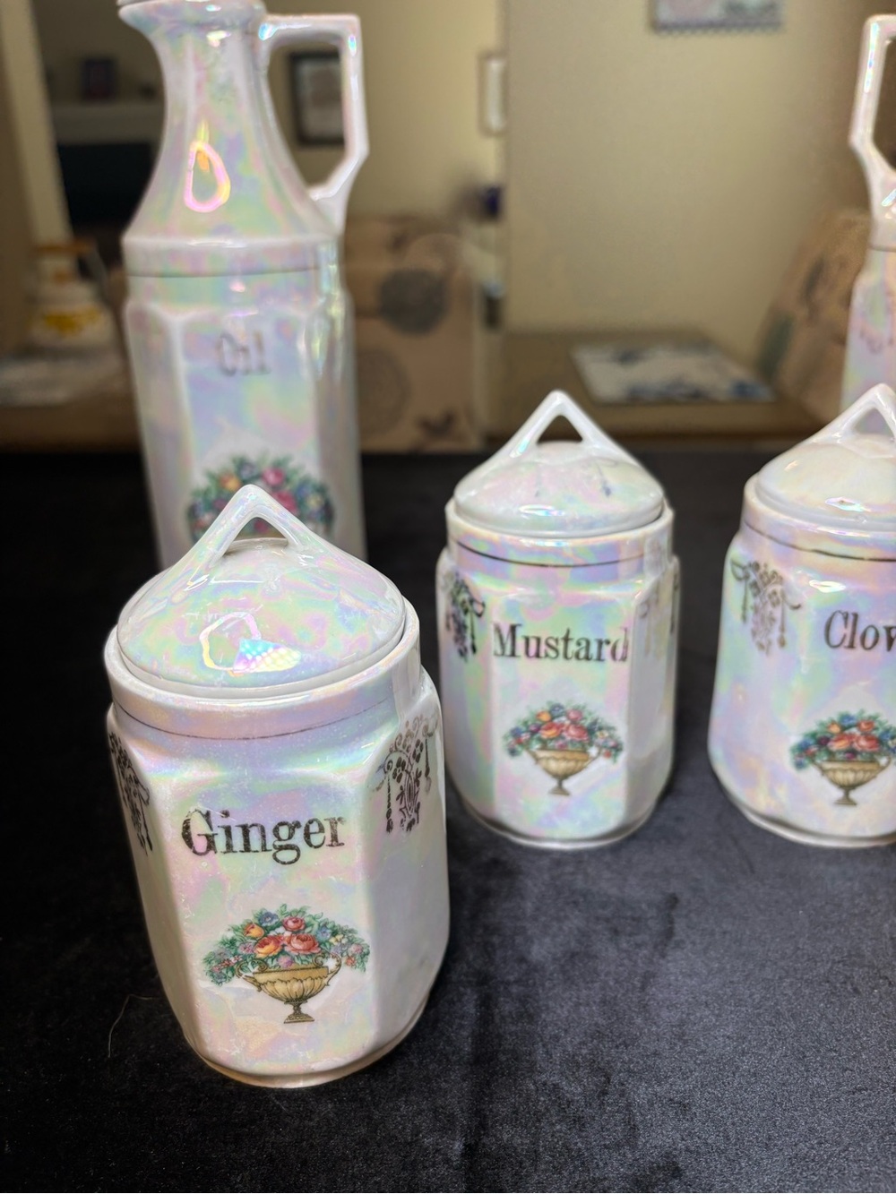 Vintage German Lustreware Spice Set/Pearlescent Finish And Floral Boutique Desi - Picture 2 of 6
